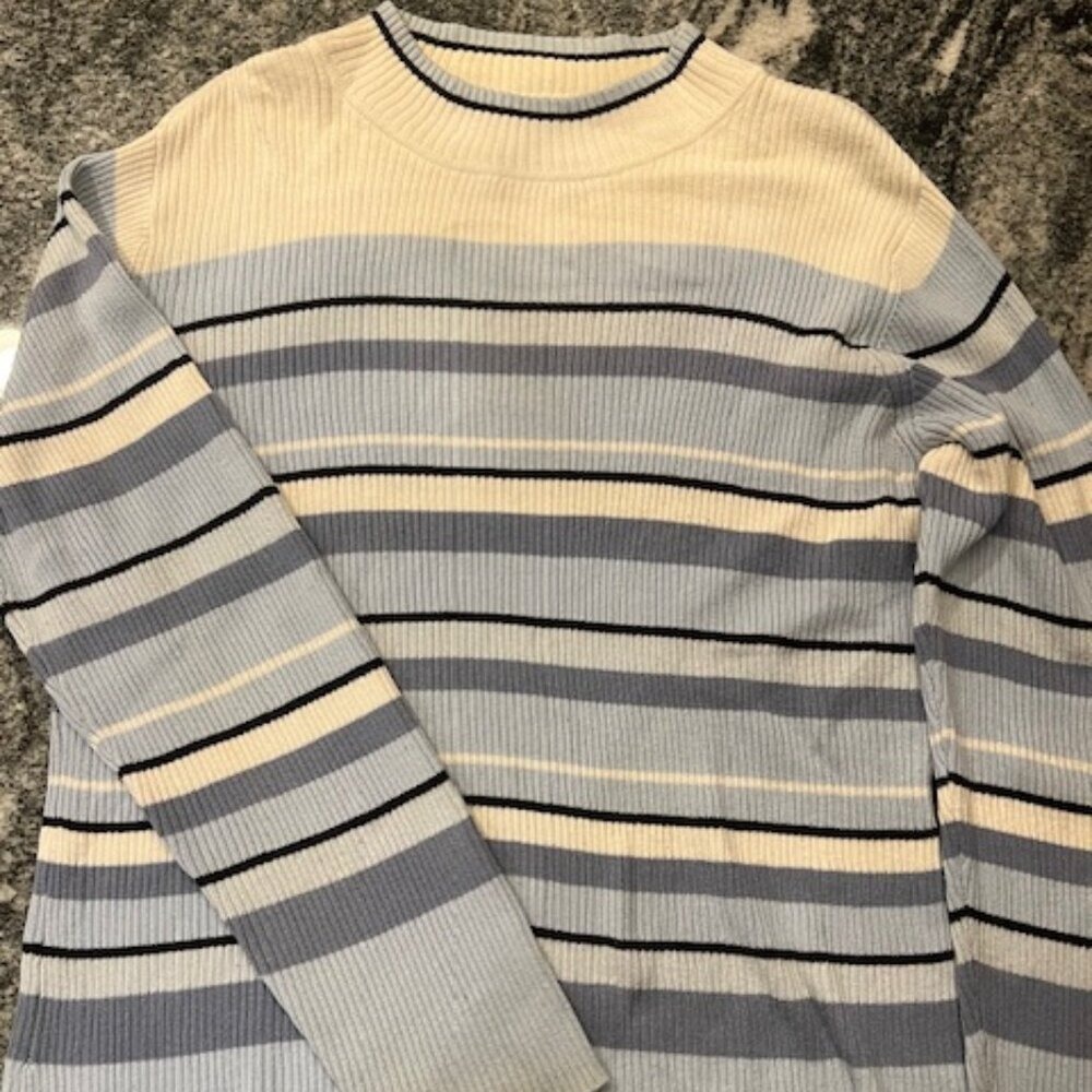 Jennifer Moore Sweater Women XL Blue Cream‎ Striped Ribbed Mock Neck Knit